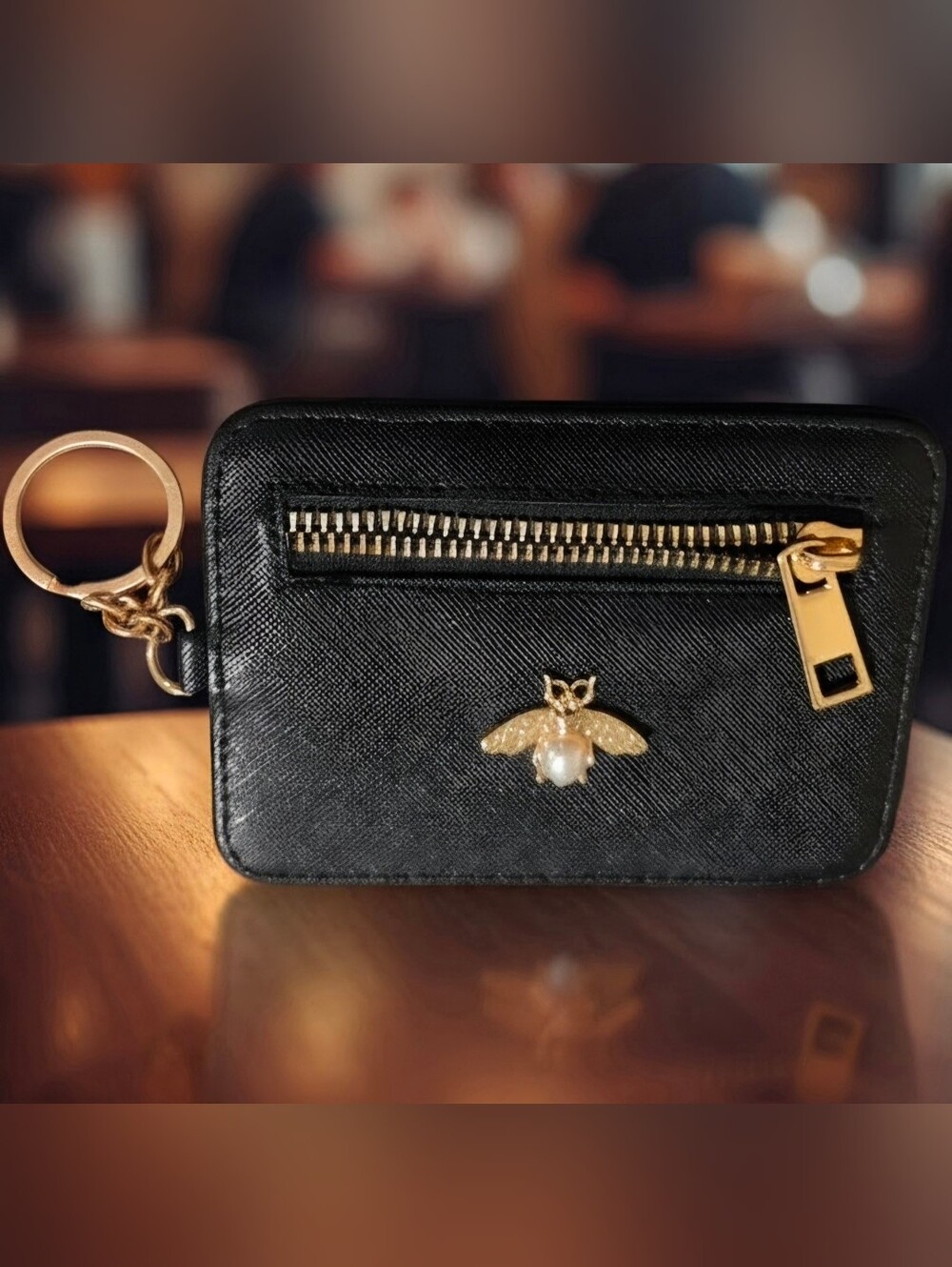 Black Women's Wallet with Gold Bee Accent